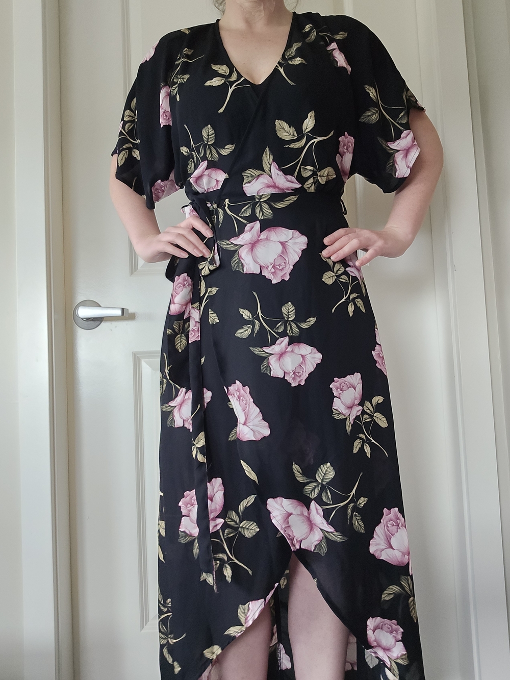 Dynamite Black Wrap High-Low Dress with Pink Floral Print